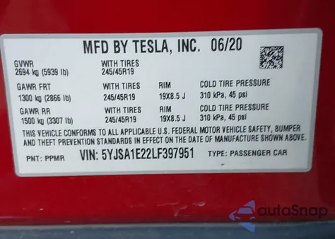 2020 Tesla Model S Long Range Dual Motor All-Wheel Drive/Long Range Plus Dual Motor All-Wheel Drive из США, поврежденный, VIN 5YJSA1E22LF397951